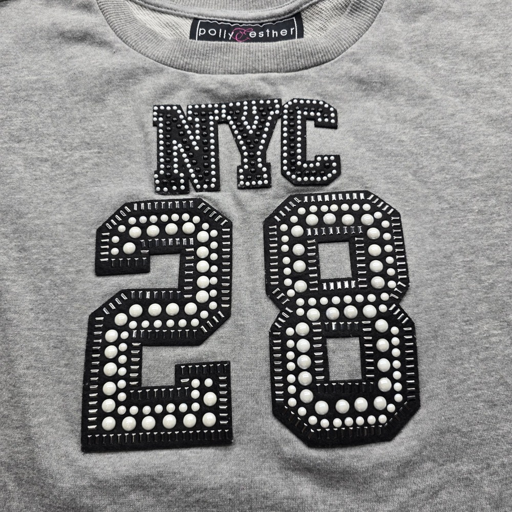 Polly Esther‎ Grey NYC 28 Embellished Sweatshirt Crew Neck Long Sleeve Women's S